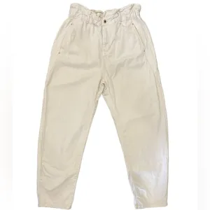 ZARA High Waisted Cotton Barrel Leg Denim Cinched Waistband Women’s Size 8 Cream