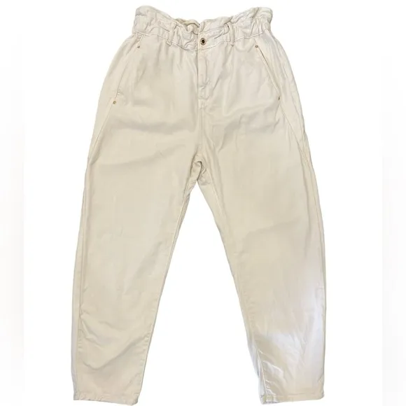 ZARA High Waisted Cotton Barrel Leg Denim Cinched Waistband Women’s Size 8 Cream